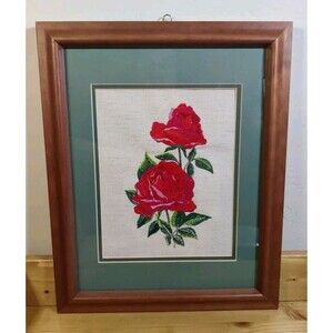 Vintage Needlepoint Embroidwry Rose Floral Flower Wall Decor Framed Art ~16”x13